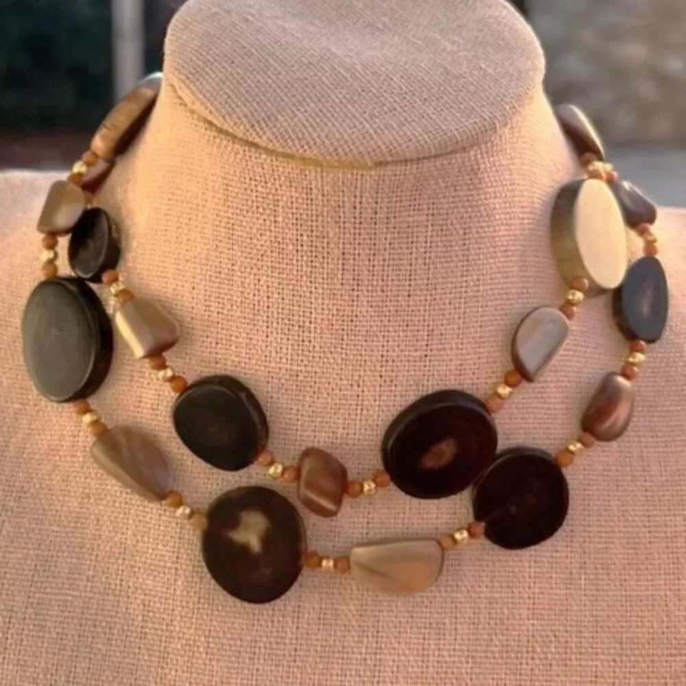 Vintage 70's Natural Horn, Coral & Abalone Shell Necklace 25”